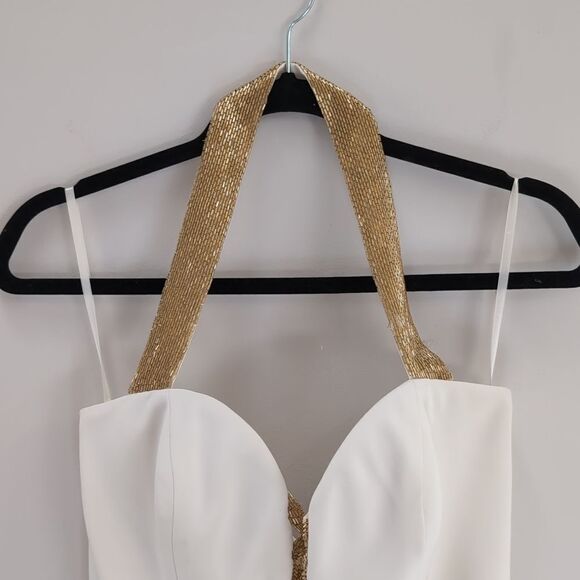 Cache 90s Ivory Mini Halter Cocktail Dress Plunge Gold Beaded Neckline Sz 6 - Picture 3 of 16